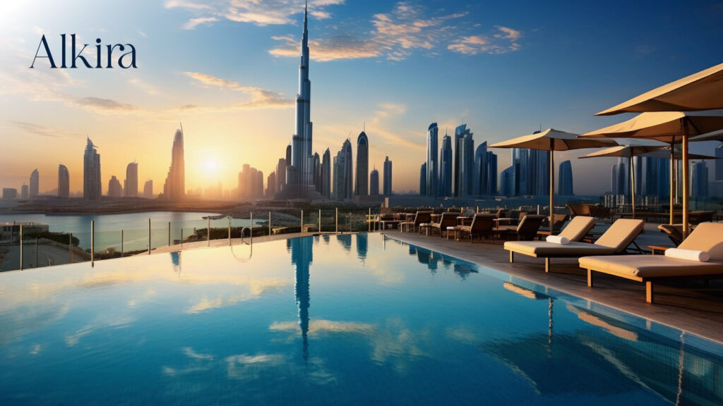 A luxurious penthouse in Dubai by Alkira featuring an infinity pool, elegant lounge chairs, and breathtaking views of the Burj Khalifa and city skyline at sunset.