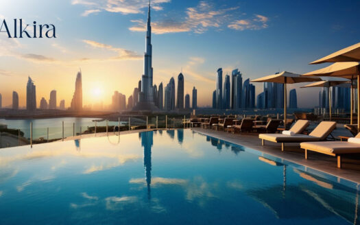A luxurious penthouse in Dubai by Alkira featuring an infinity pool, elegant lounge chairs, and breathtaking views of the Burj Khalifa and city skyline at sunset.